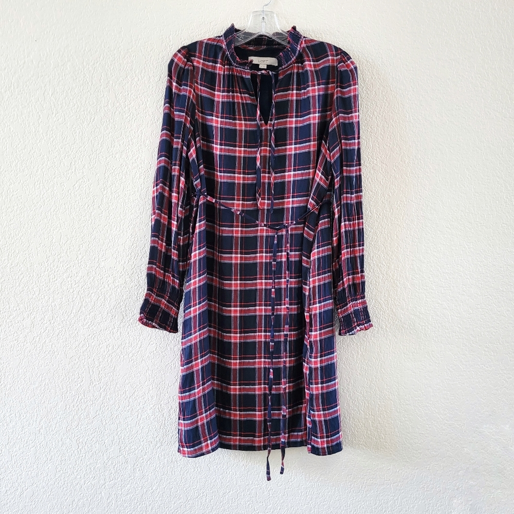 LOFT Plaid Mini Dress With Wiast Tie Size Small